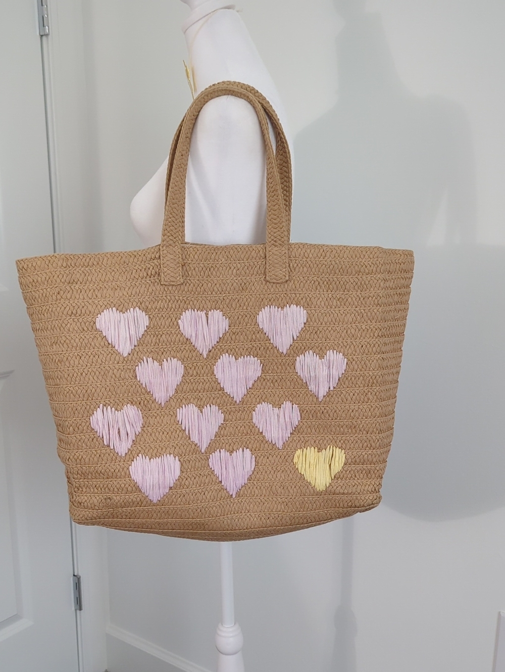 Woven Straw Tote with Pink & Yellow Heart Accents